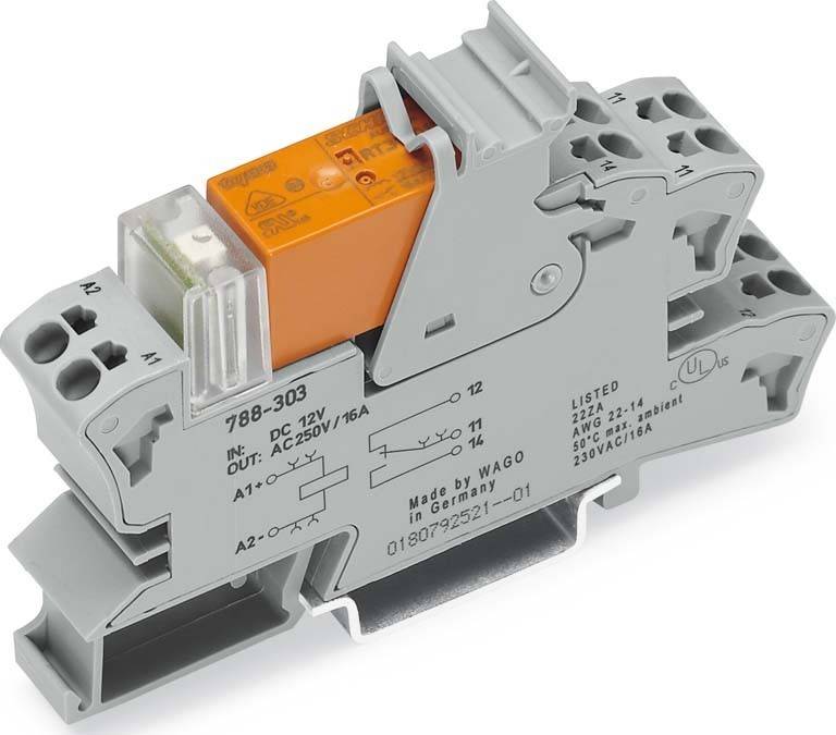 DIN-Schienen-Relaissteckdose mit orangefarbenem Relaismodul, zeigt beschriftete Anschlüsse und Schaltschema.