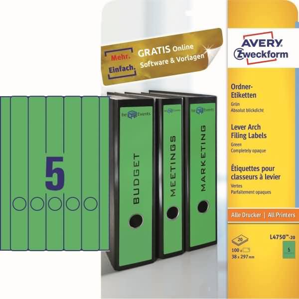 Avery Zweckform L4750-20 Ordner-Etiketten, A4 mit ultragrip, 38 x 297 mm, 20 Bogen/100 Etiketten, grün
