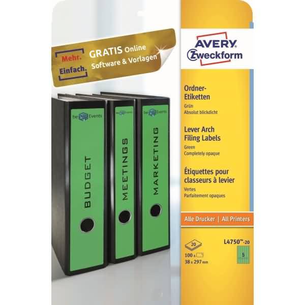 Avery Zweckform L4750-20 Ordner-Etiketten, A4 mit ultragrip, 38 x 297 mm, 20 Bogen/100 Etiketten, grün