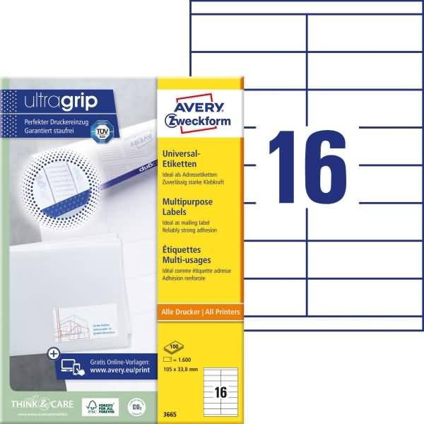 Avery Zweckform Universaletikett 3665 105x33,8mm weiß 1.600 St./Pack