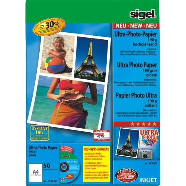 Sigel IP639, Tintenstrahldrucker, A4 (210x297 mm), Glanz, 50 Blätter, 190 g/m², Weiß