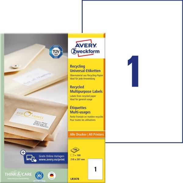 Universal-Etiketten 210x297mm Recycling naturweiß VE=100 Stück