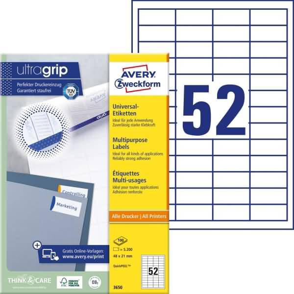 Universal-Etiketten ultragrip 48x21 mm VE=5.200 Etiketten / 100 Bogen weiß