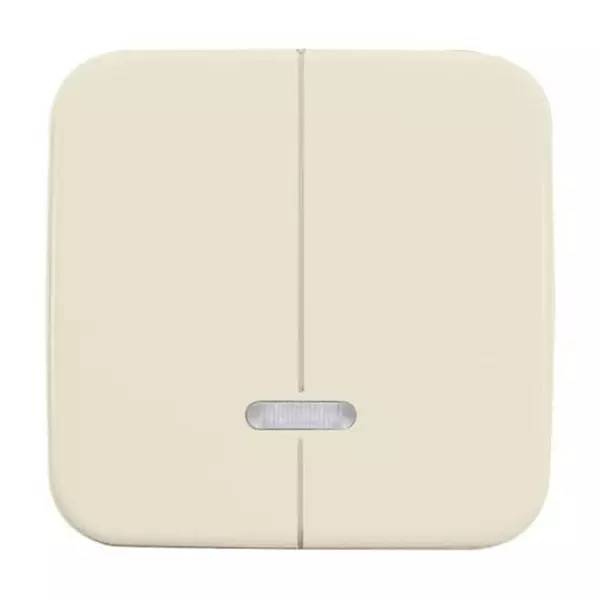 Beige quadratische Wandplatte mit einer zentrierten vertikalen Naht und einem kleinen ovalen Indikator oder Knopf in der Nähe des unteren Endes.