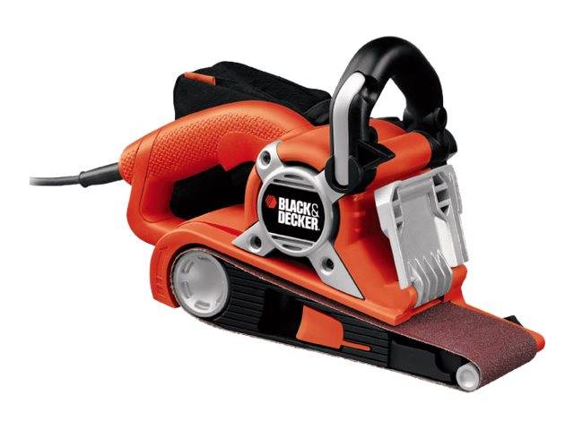 Black+Decker tragbarer Bandschleifer mit orange-schwarzem Gehäuse, Vordergriff und Schleifband