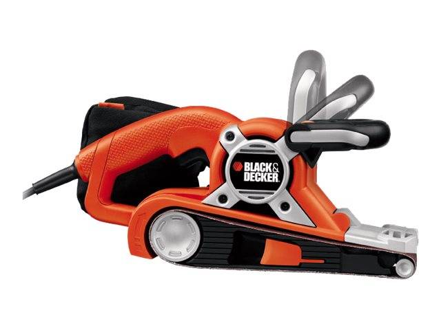 Black & Decker orangefarbige elektrische Kettensäge mit schwarzem Griff und silbernem Schutzbügel, gezeigt auf weißem Hintergrund.