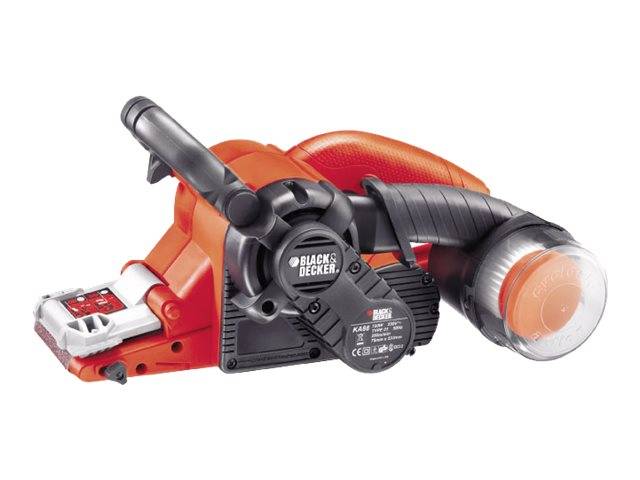 Black and Decker tragbares Laubgebläse/Sauger mit orangem Gehäuse, schwarzem Griff und transparentem Auffangbehälter auf weißem Hintergrund
