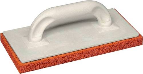 Rechteckiger Schwammfloat zum Glätten von Gips, mit weißem Griff auf orangefarbiger Schaumstoffbasis.