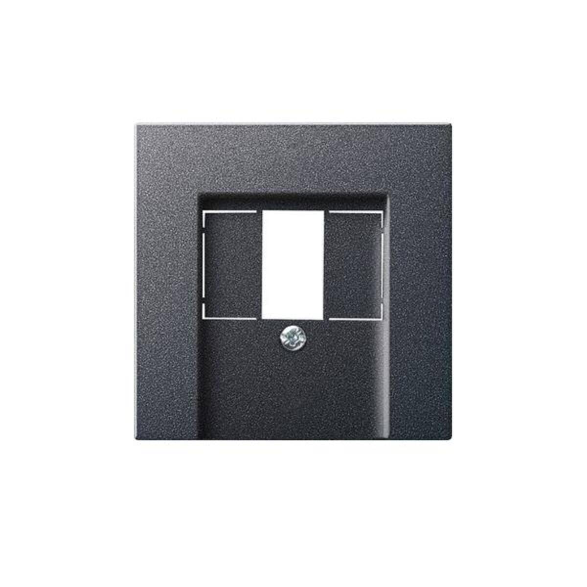Schwarze Wandplatte mit einer zentrierten rechteckigen Öffnung und einer sichtbaren Schraube, wahrscheinlich für einen elektrischen Schalter oder eine Steckdose.
