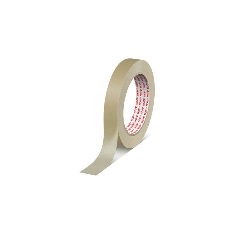 Eine Rolle beige Kreppband mit einem lockeren Streifen, der sich nach vorne auf weißem Hintergrund erstreckt.