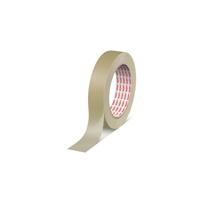 Eine Rolle beige Kreppband mit einem abgerollten Streifen, gezeigt auf weißem Hintergrund.