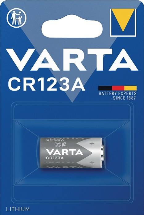 VARTA CR123A Lithium-Batterie-Packung, zeigt eine einzelne Batterie in durchsichtiger Kunststoffverpackung mit der Marke 'Battery Experts since 1887'.