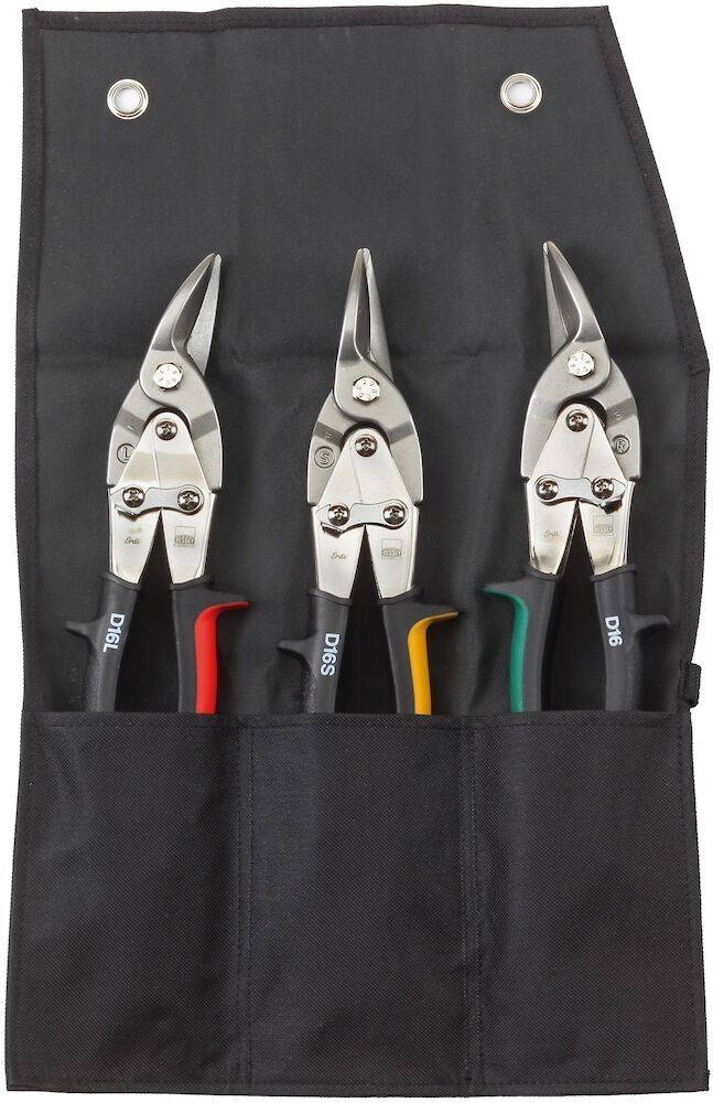 Schwarze aufrollbare Tasche mit drei Flugzeugen mit farbcodierten Griffen: rot, gelb und grün.
