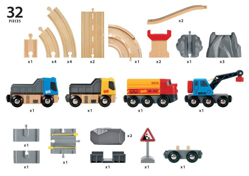 Produktbild eines 32-teiligen BRIO-Holzzuges mit Schienenstücken, Zugwagen, einem Kräusellaster, Verkehrsschildern und Zubehör.