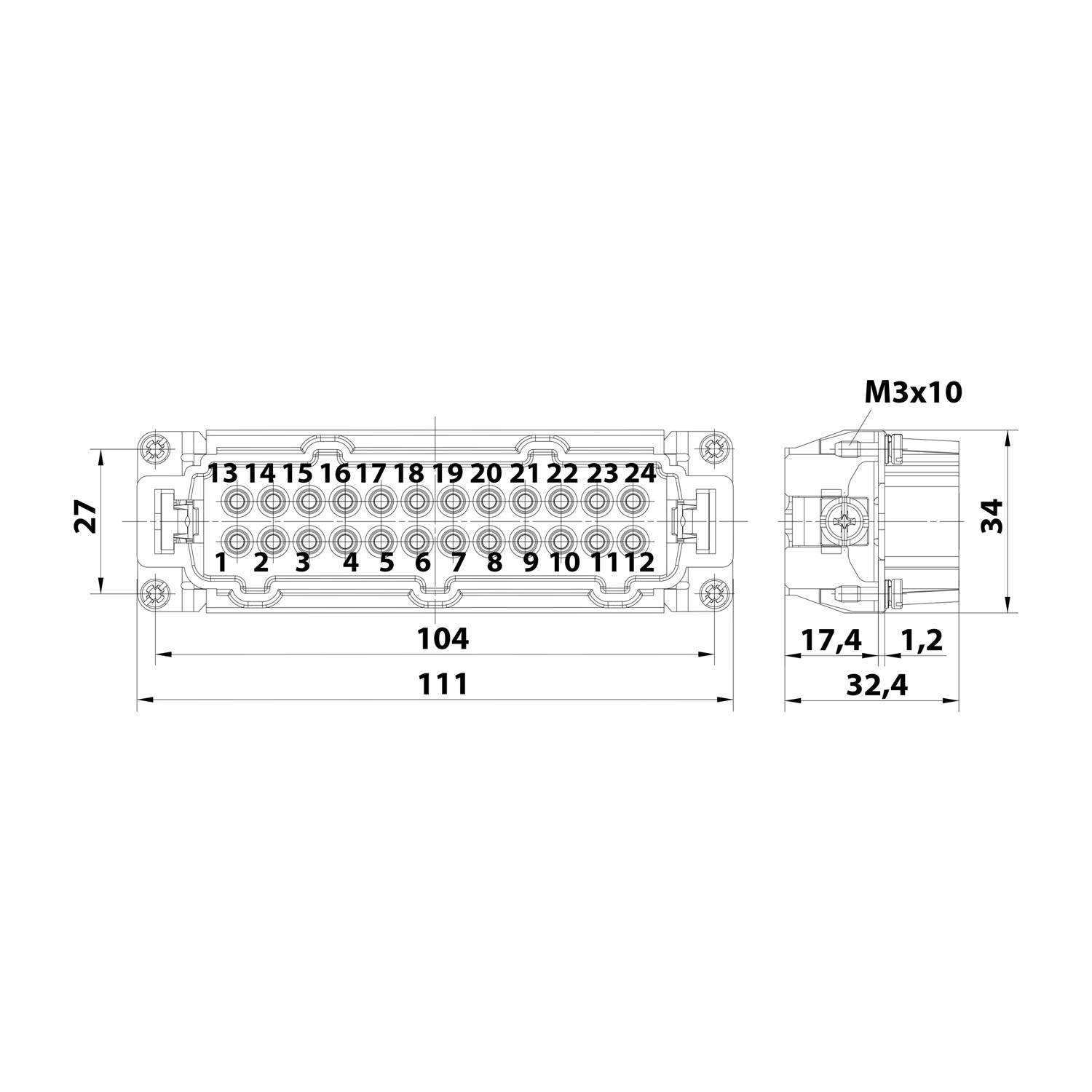 Ein technisches Diagramm eines elektrischen Steckers mit Layoutabmessungen: 104 mm Länge, 34 mm Breite und Stiftnummern 1 bis 24.