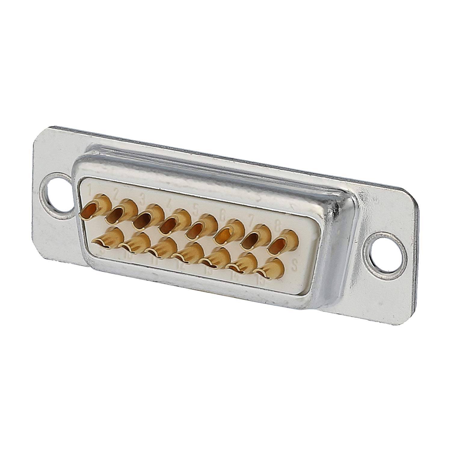 Ein 15-poliger D-Sub-Stecker mit Metallgehäuse und zwei Schraubenlöchern für sichere Befestigung.