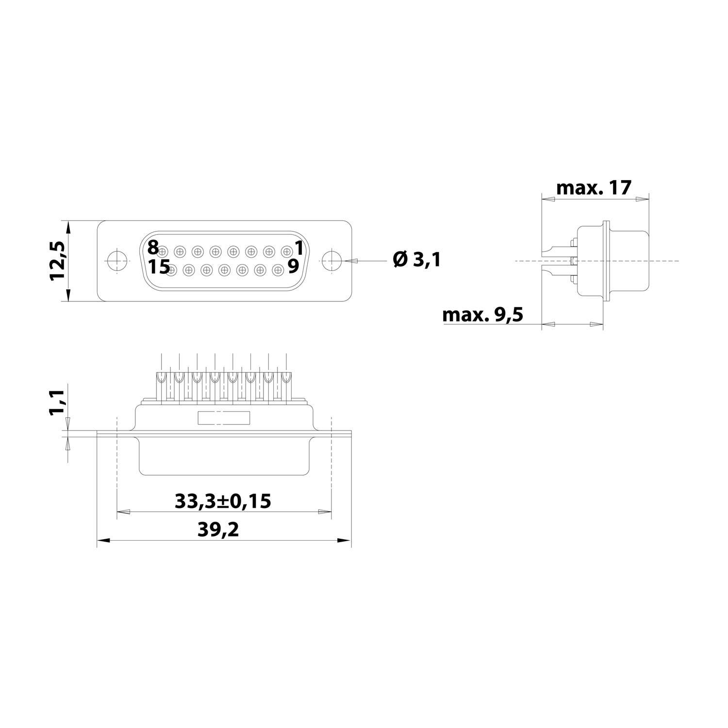 Technische Zeichnung eines 15-poligen Steckers, Vorder- und Seitenansicht mit Abmessungen: Breite 39,2 mm, Höhe 12,5 mm, Tiefe max. 17 mm.