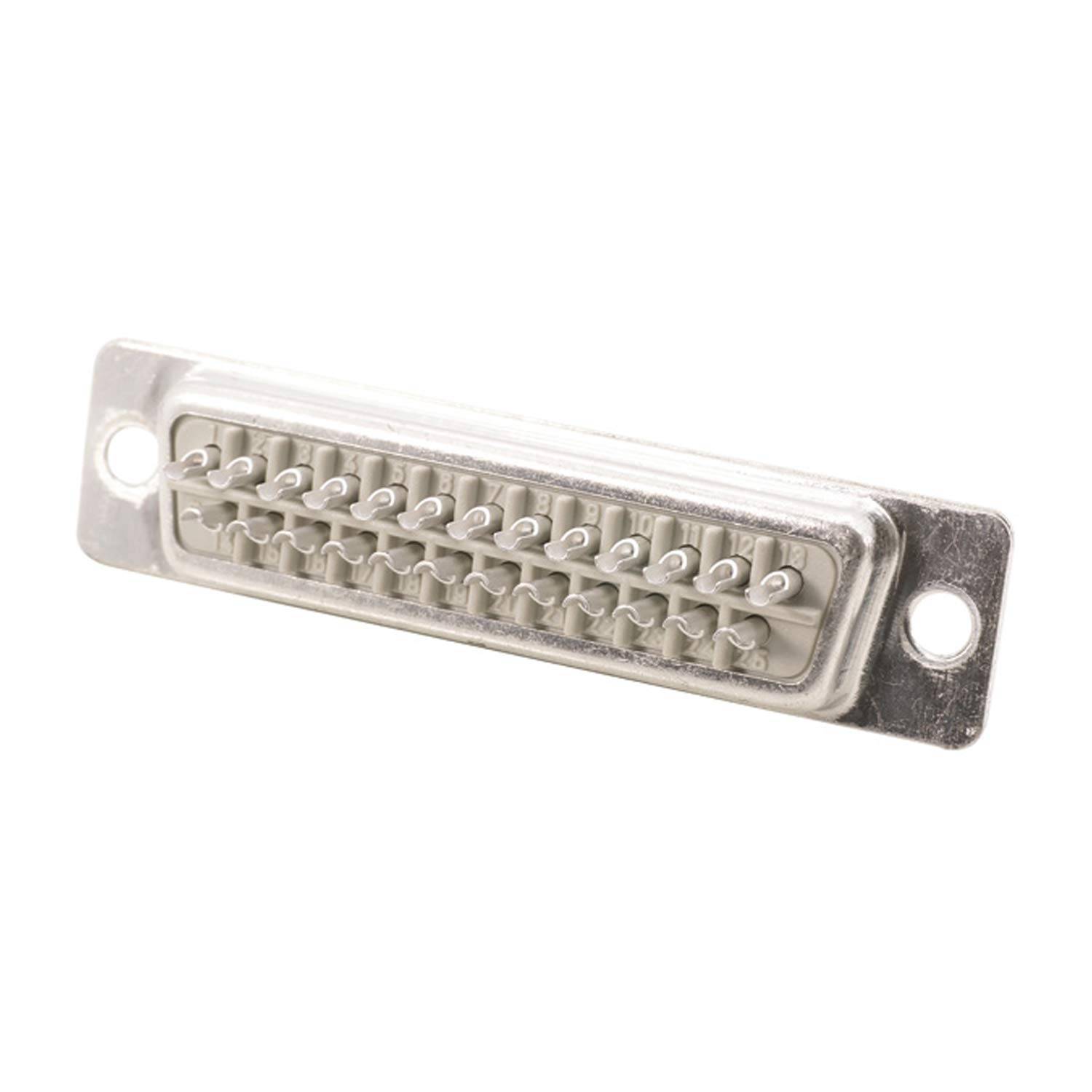 „Ein 25-poliger D-Sub-Stecker, üblicherweise für Computerverbindungen verwendet, mit metallischem Gehäuse und zwei Befestigungslöchern auf jeder Seite.