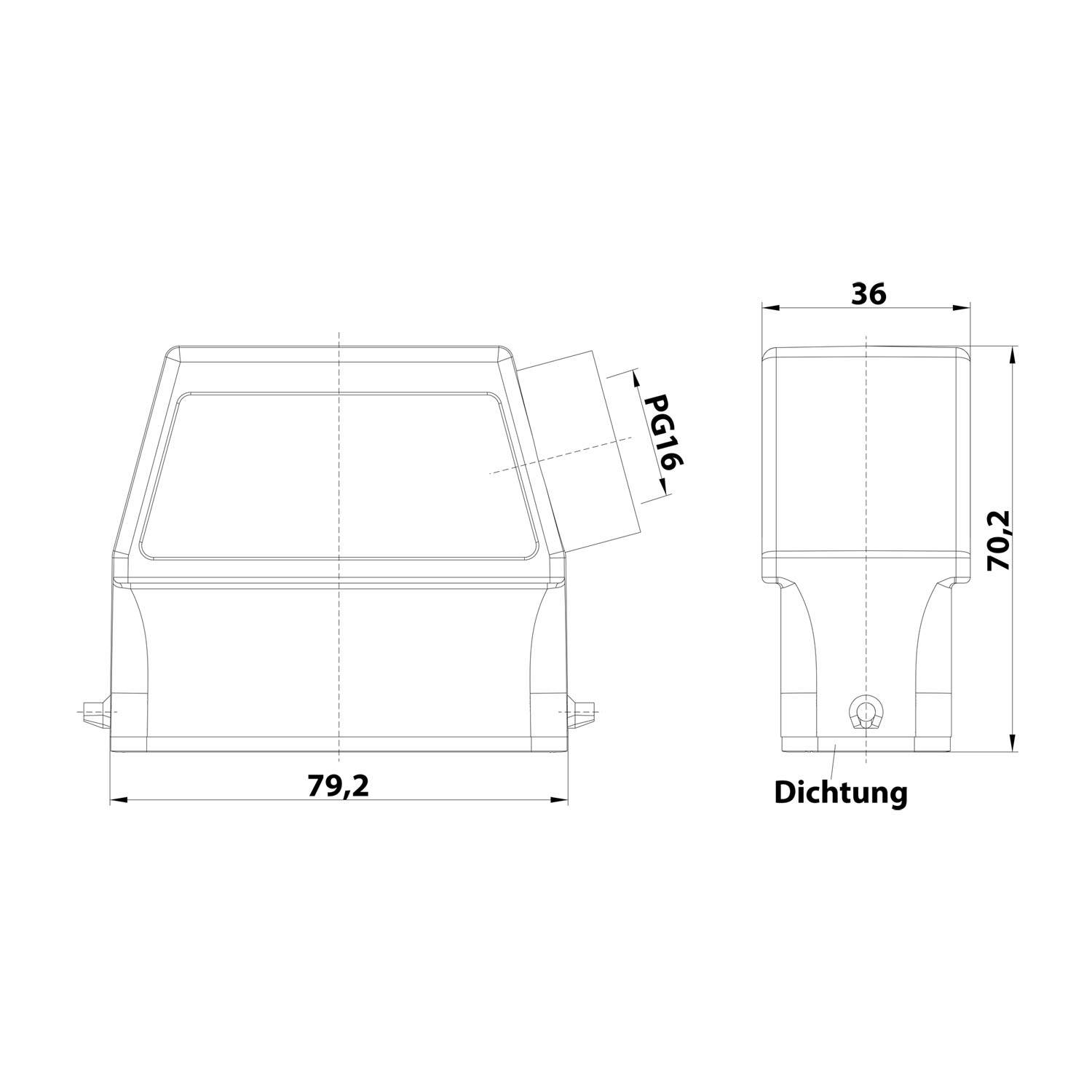 Technische Zeichnung einer PG16-Komponente mit Abmessungen: Breite 79,2 mm, Höhe 70,2 mm und Tiefe 36 mm. Beschriftet: Dichtung.