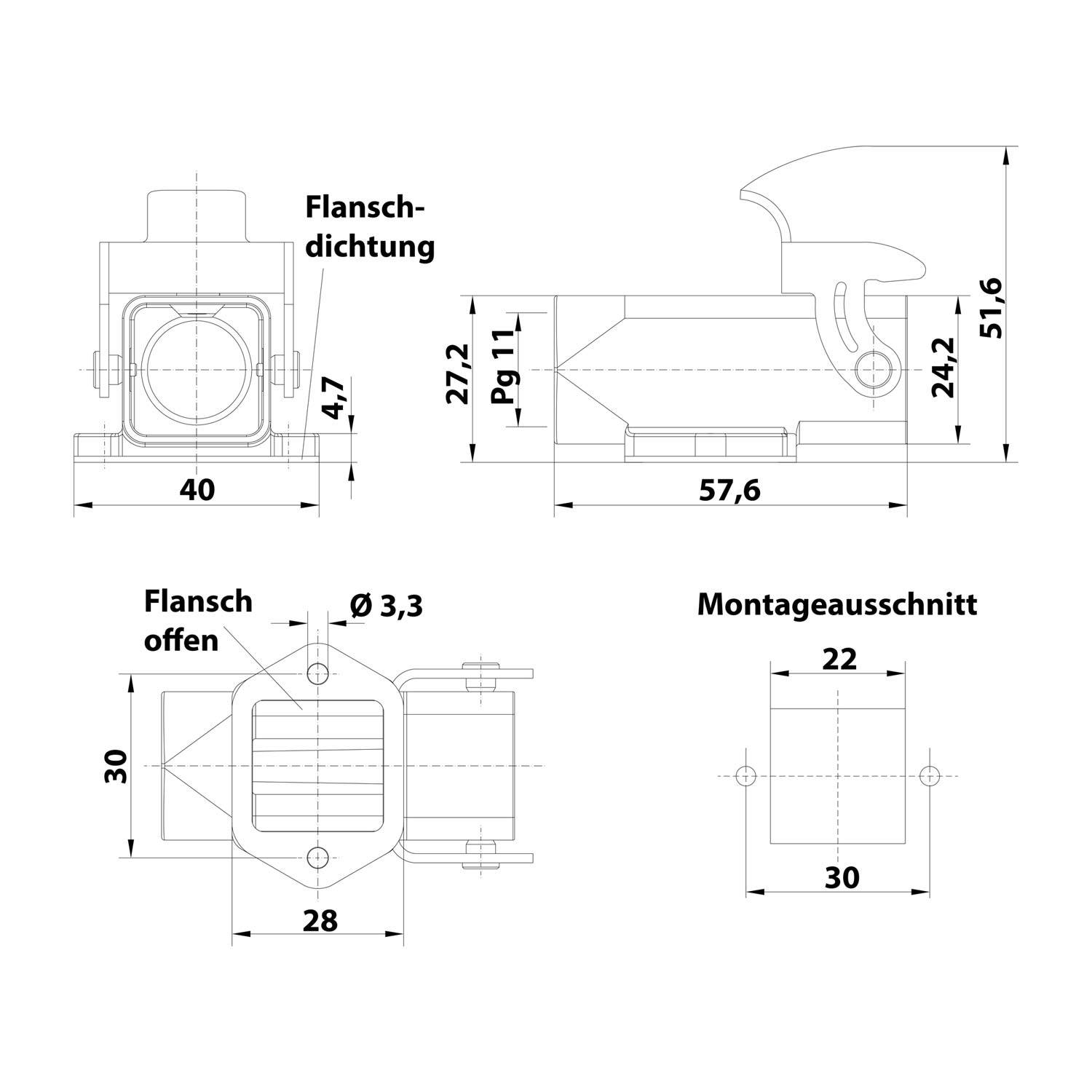 Diagramm mit technischen Spezifikationen einer Komponente mit beschrifteten Abmessungen, einschließlich 