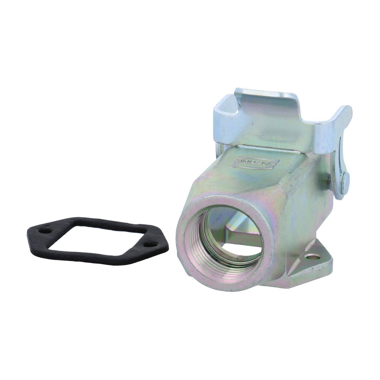 Metallischer Schlauchverbinder mit quadratischer Grundfläche und Dichtung, verwendet zum Verbinden von Schläuchen in Fluidsystemen, dargestellt auf weißem Hintergrund.
