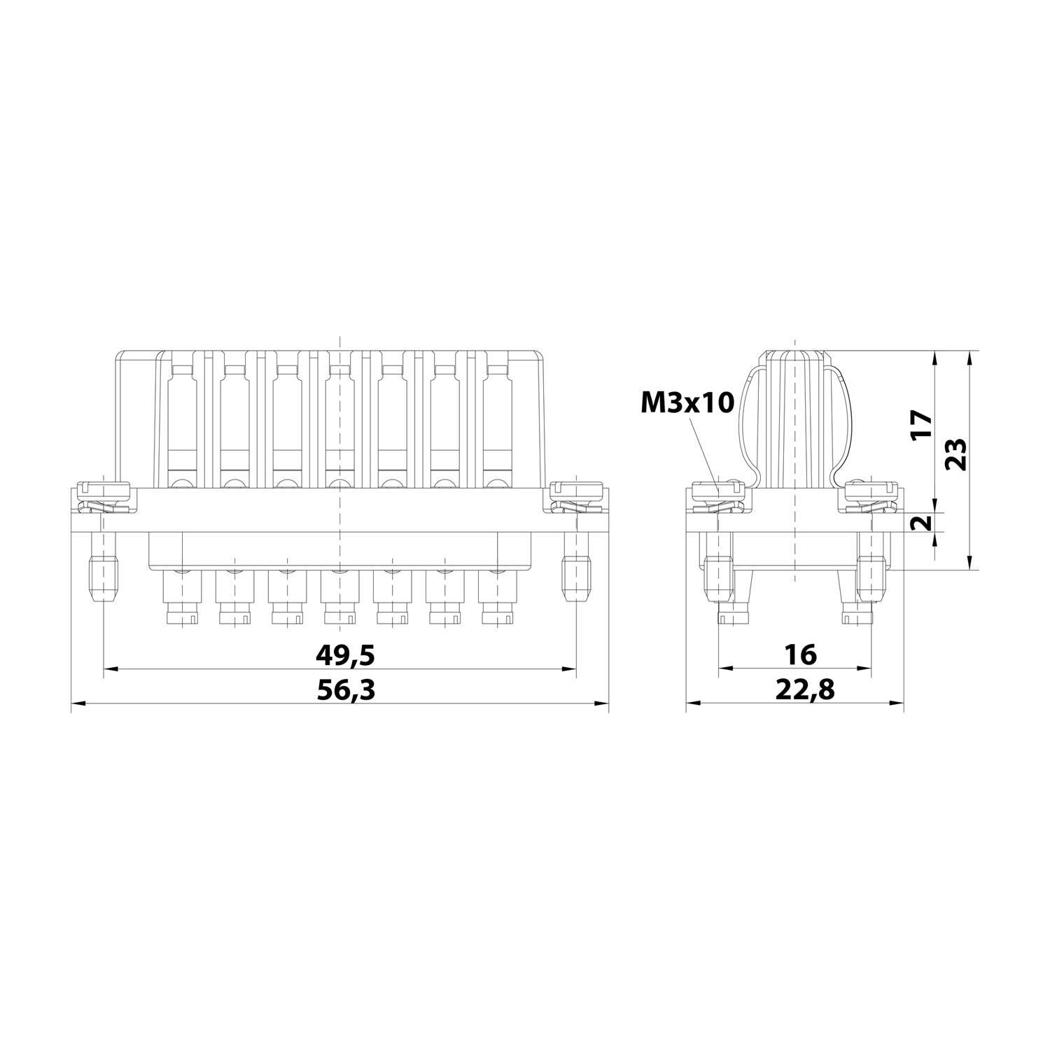 Technische Zeichnung eines mechanischen Bauteils mit Maßangaben. Front- und Seitenansicht zeigen folgende Abmessungen: 56,3 mm Breite, 22,8 mm Tiefe.