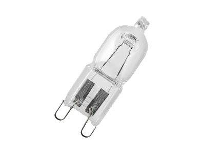 Klare Halogen-Kapselglühbirne mit zwei Stiftkontakten auf weißem Hintergrund.