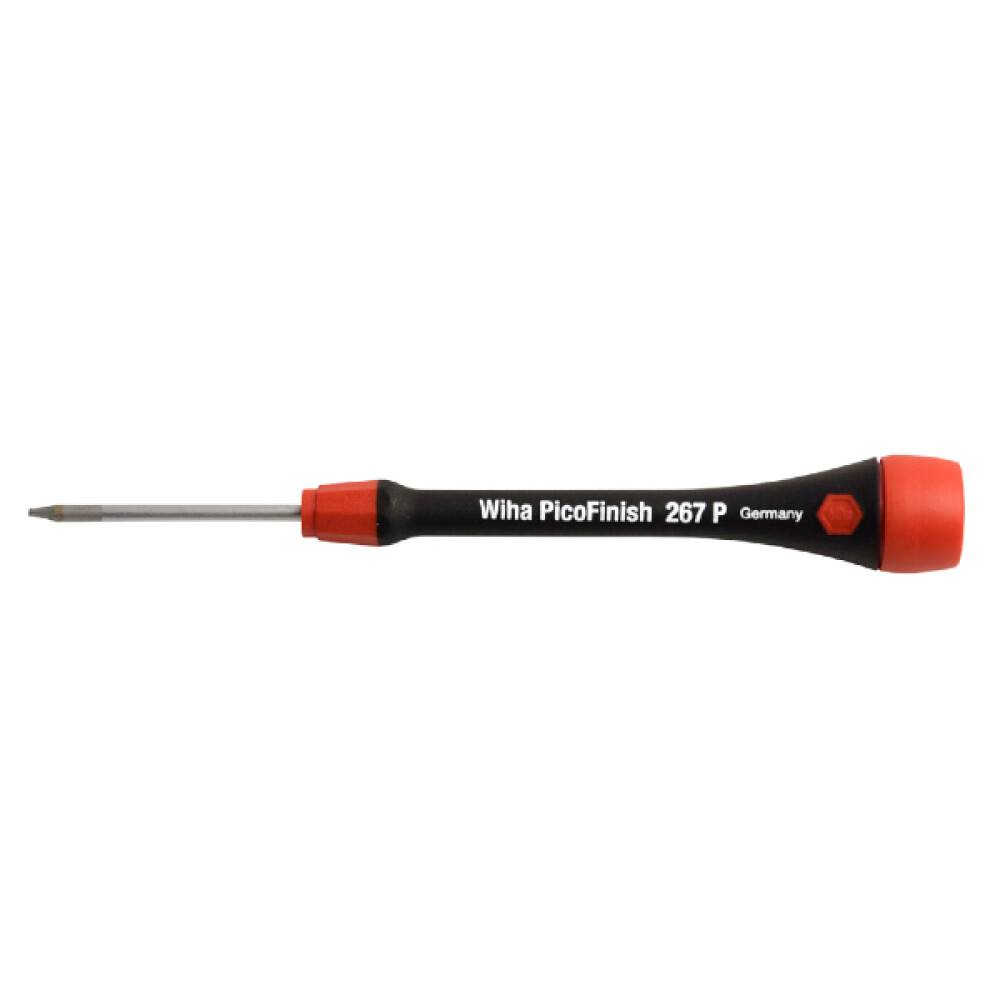 Ein Wiha PicoFinish 267 P Präzisions-Schraubendreher mit schwarz-rotem Griff und schlankem Metallschaft auf weißem Hintergrund.