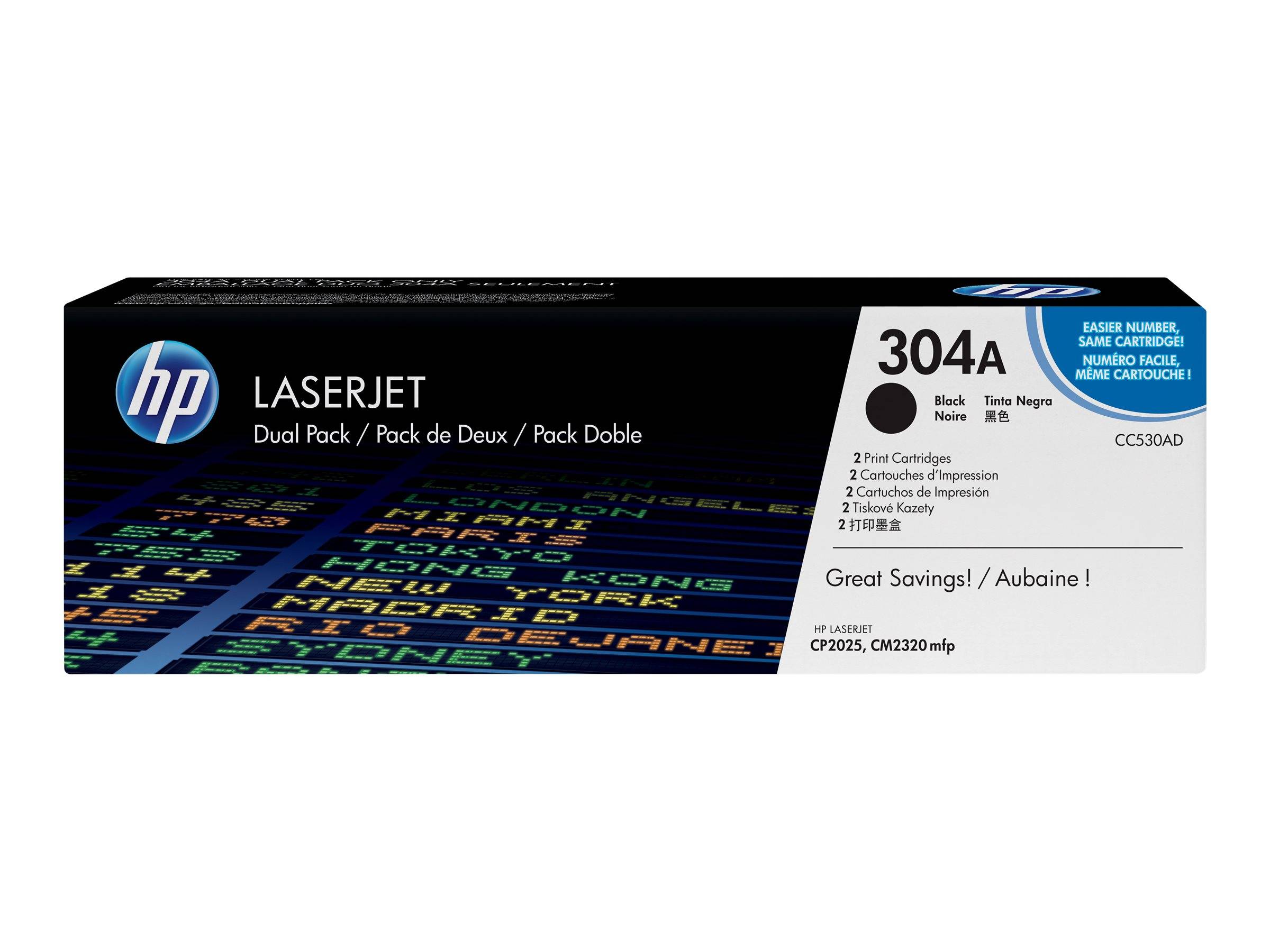 HP LaserJet 304A Doppelpack Druckertoner-Patronenbox, Schwarz und Tri-Color, gekennzeichnet für HP Color LaserJet CP2025 und CM2320 mfp.