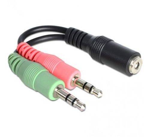 Audioadapterkabel mit zwei männlichen 3,5-mm-Steckern in Grün und Rosa, verbunden mit einer schwarzen weiblichen Buchse