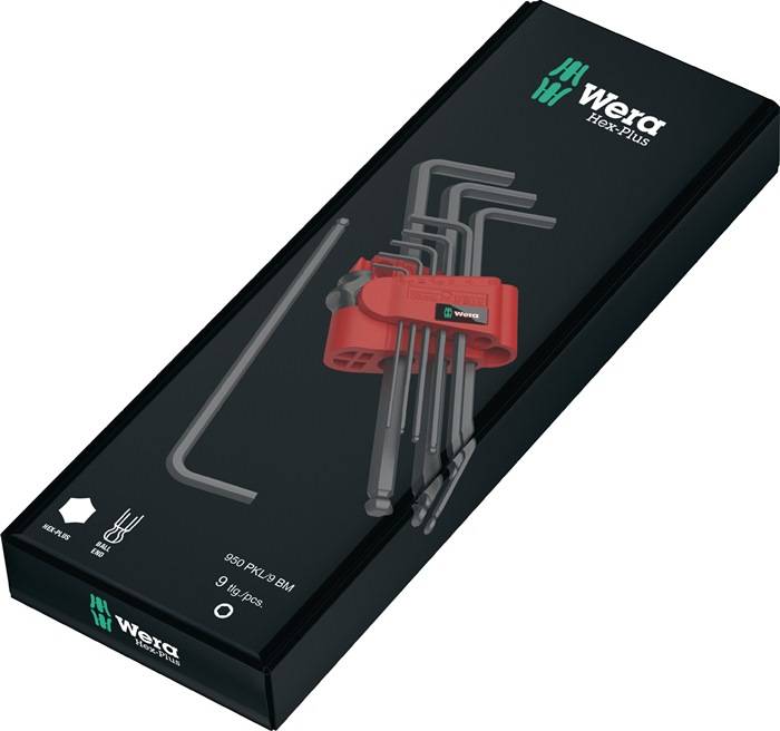 Wera Hex-Plus 9-teiliger Innensechskant-Schlüsselsatz in einem schwarzen Koffer mit rotem Halter und L-förmigen Inbusschlüsseln, die auf der Verpackung angezeigt werden.