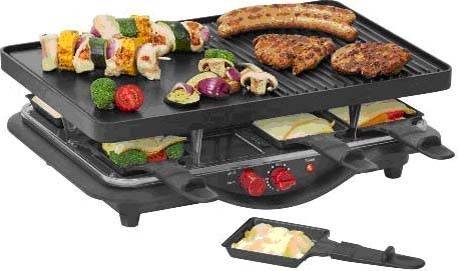 Elektrischer Tischgrill mit ober- und unterer Kochfläche zum Grillen von Spießen, Würstchen, Hamburgern, Gemüse und Pfannkuchen auf mehreren Platten.