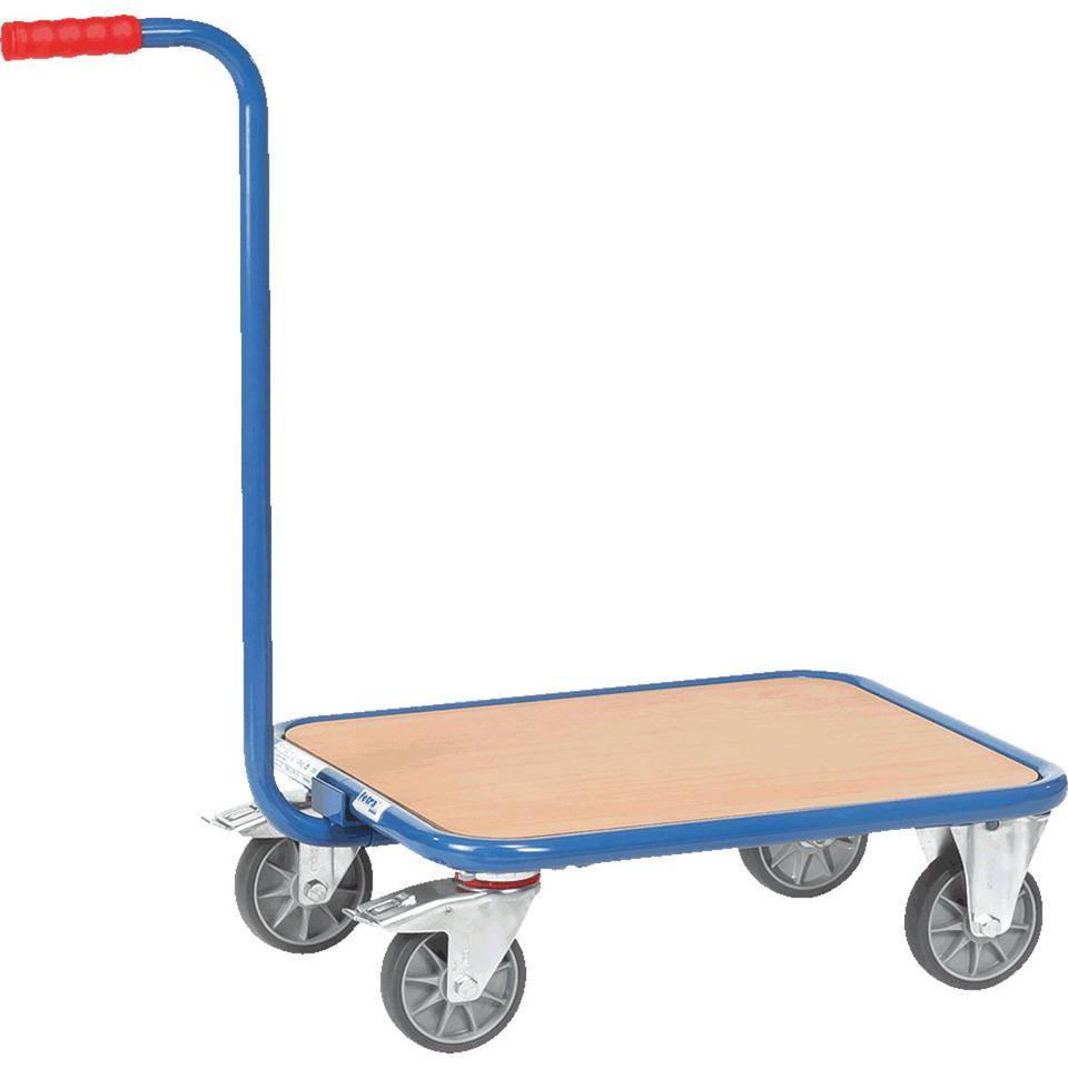 Blauer Plattformwagen mit vier Rädern und einer Holzplattform, dargestellt vor weißem Hintergrund.