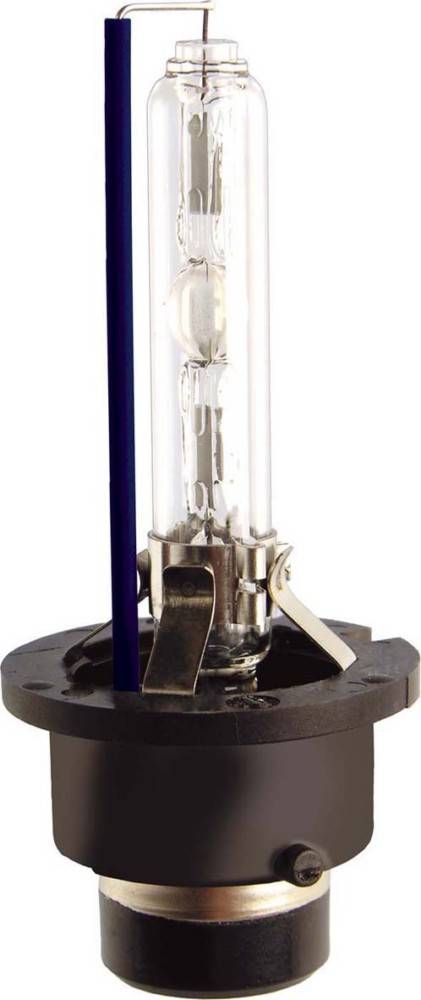 Hochintensivlampe mit klarem Glasrohr und Metallsockel auf schwarzer Halterung.
