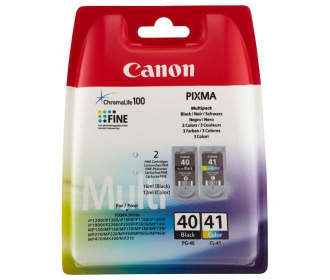 Canon PIXMA Tintenpatronenpaket für Multipacks 40 Schwarz und 41 Farbe, mit zwei Patronen und Kompatibilitätsdetails.