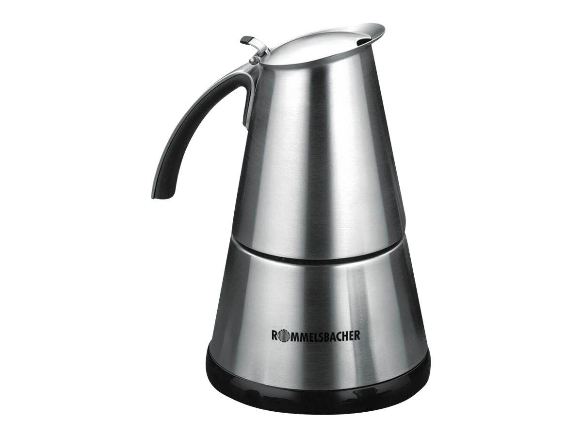 Edelstahlkochplatten-Kaffeemaschine mit schwarzem Griff und Fuß, gezeigt auf weißem Hintergrund.