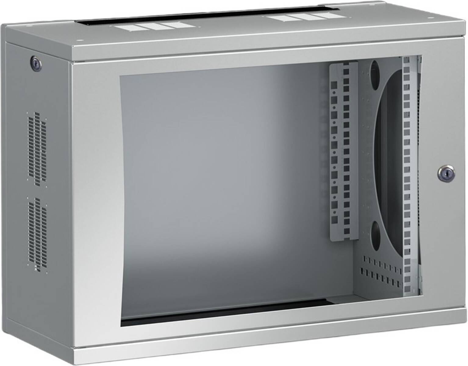 Offenes, wandmontiertes Metallgehäuse mit transparenter Frontür, leer und bereit für elektrische oder Netzwerk-Geräte.