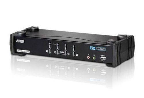 Schwarze ATEN DVI KVM-Schalterbox mit Frontpaneltasten, Status-LEDs und Audioanschlüssen auf weißem Hintergrund.