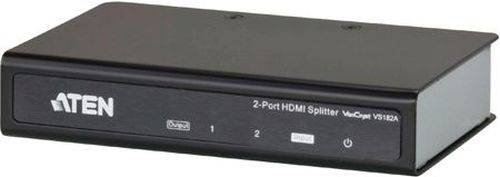 Schwarze ATEN 2-Port-HDMI-Splitter-Box mit vorderer Stromschalter und Port-Indikatoren.