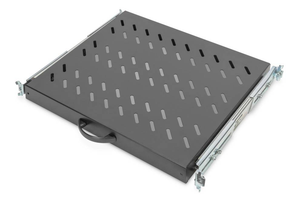 Schwarzes Server-Rack-Schieberegal mit perforierter Oberfläche und Seitenschienen, dargestellt in einer Dreiviertelsansicht auf weißem Hintergrund.