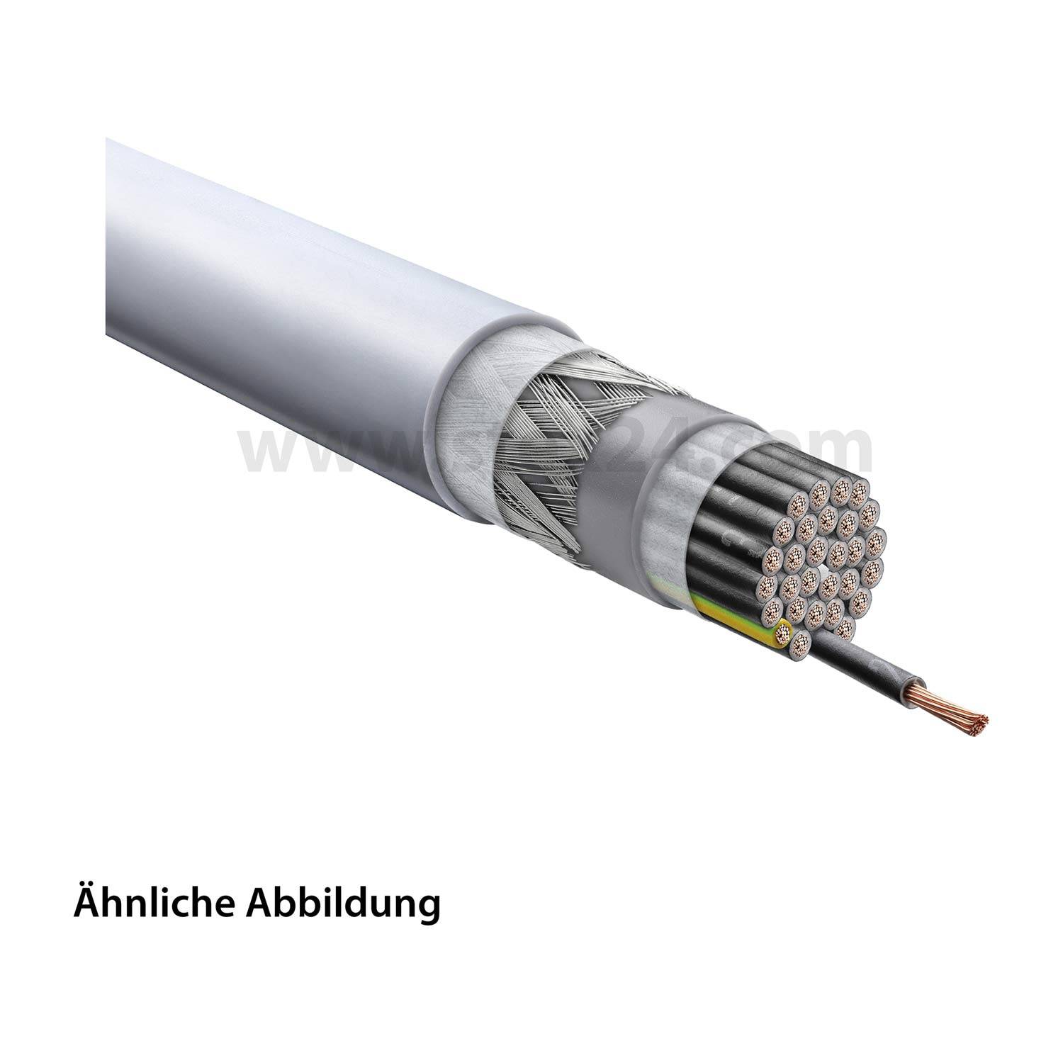 Schnittdarstellung eines mehradrigen Elektrokabels, das die äußere Ummantelung, Abschirmungsschichten und gebündelte Kupferleiter zeigt, mit einem freiliegenden Draht.