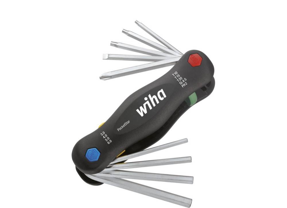 Ein klappbares Wiha-Multitool mit mehreren ausgefahrenen Innensechskantschlüsseln, auf weißem Hintergrund dargestellt.