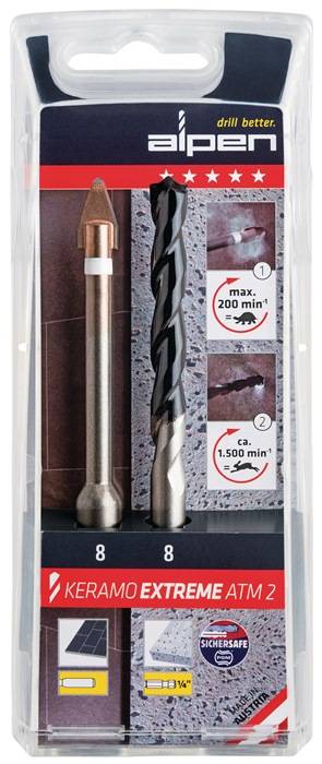 Alpen 300062100 Glas- und Fliesenbohrer-Set 2teilig 6mm 1/4" (6.3 mm), Zylinderschaft 1 Set