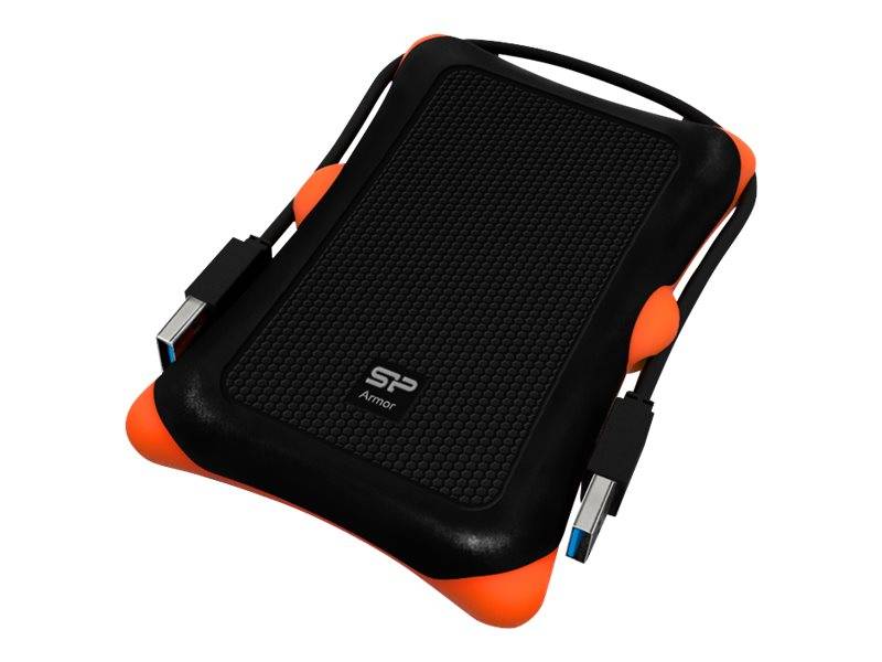 Robuste tragbare externe Festplatte in Schwarz und Orange mit zwei angebrachten USB-Kabeln, dargestellt auf weißem Hintergrund.
