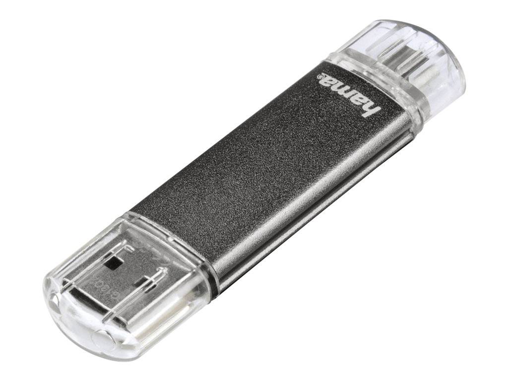 Ein schwarzes Hama-USB-Flashlaufwerk mit transparenten Schutzvorrichtungen an beiden Enden, isoliert auf weißem Hintergrund dargestellt.