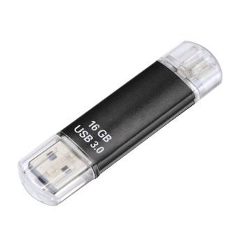 Schwarzes 16 GB USB 3.0-Speicherlaufwerk mit transparenten Schutzgehäusen an beiden Enden, gezeigt auf weißem Hintergrund.