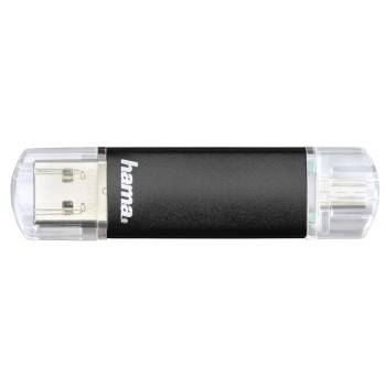 Ein schwarzer Hama USB-Stick mit transparenten Schutzkappe an beiden Enden, horizontal auf weißem Hintergrund dargestellt.