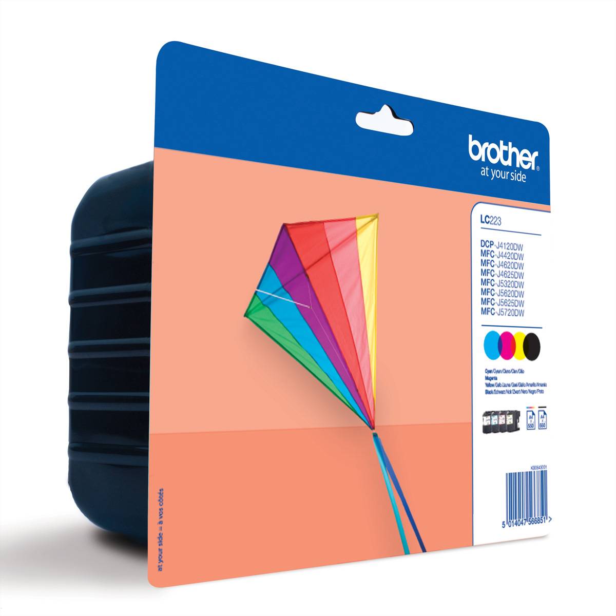 Brother Tintenpatro-Einzelhandelsverpackung mit lebendiger Drachen-Grafik, beschriftet mit LC223 und kompatiblen Druckermodellen auf der rechten Seite.