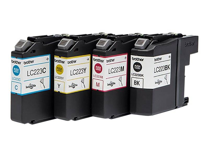 Vier Brother Druckerpatronen nebeneinander: Cyan LC223C, Gelb LC223Y, Magenta LC223M und Schwarz LC223BK.