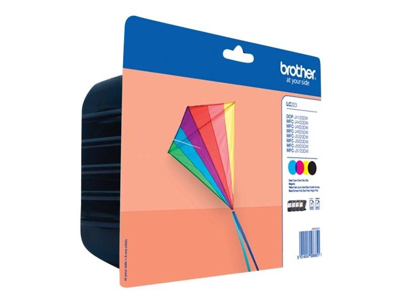 Druckerpatrone für Brother-Drucker in orange-weißer Verpackung mit einer bunten geometrischen Drachen-ähnlichen Grafik auf der Vorderseite.